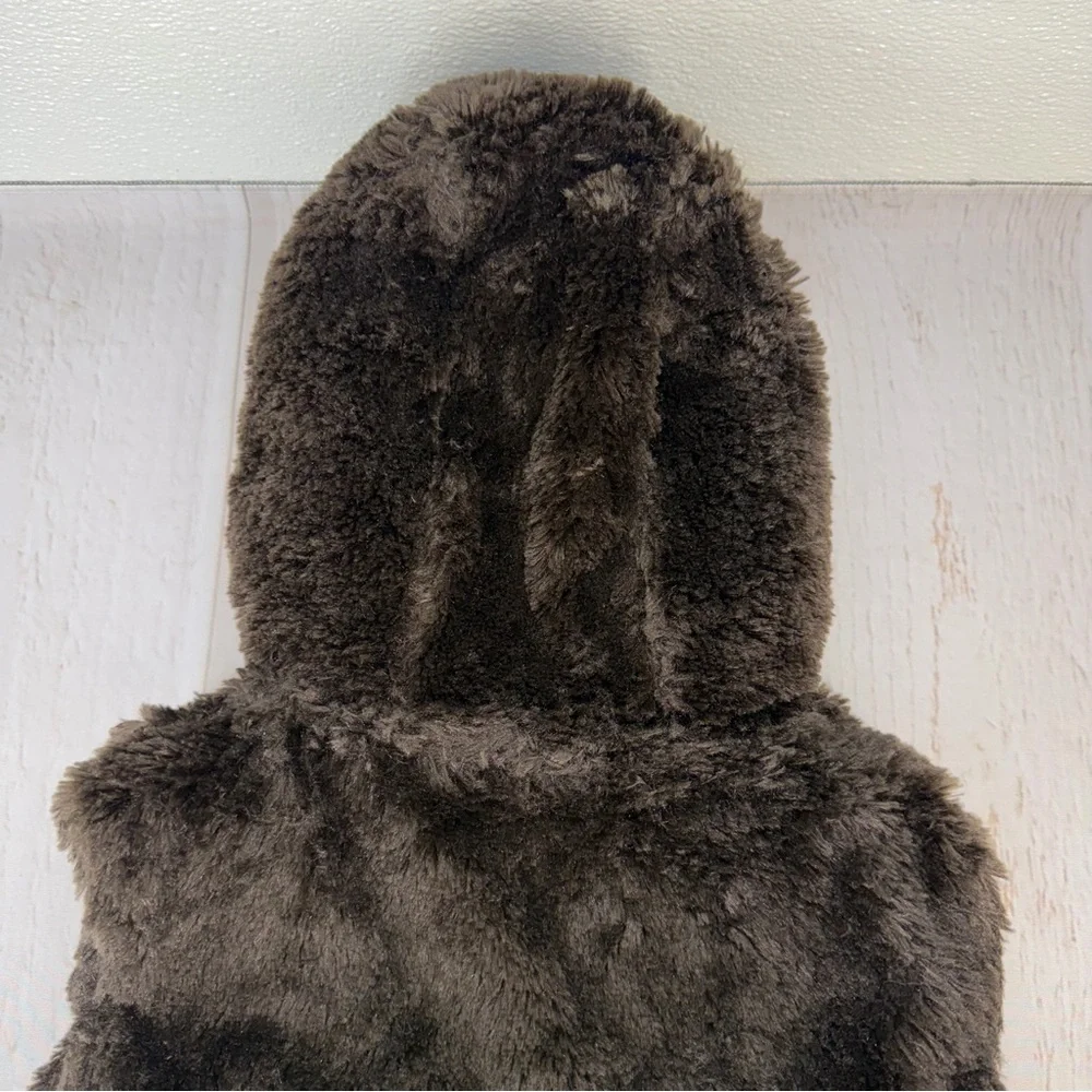 Y2K Faux Fur Hooded Puffer‎ Vest Girls Size 4/5 Brown Pom Pom Winter